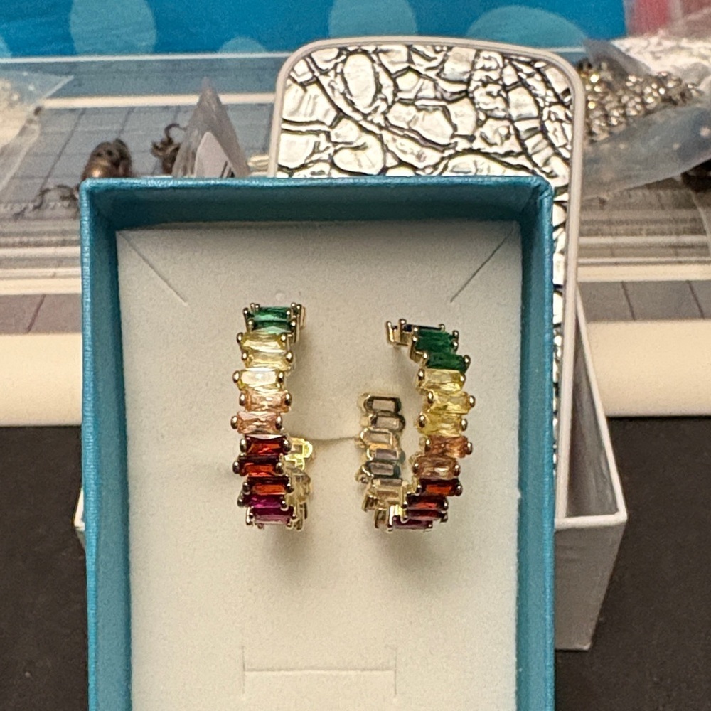 Vibrant Gold Plated Multicolor Hoop Earrings - Picture 2 of 11